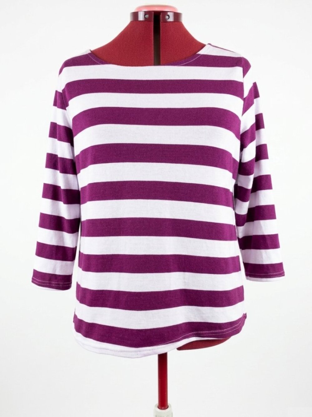 Sahara Woman | Wide-Stripe Boatneck 3/4 Sleeve Top - White & Burgundy - Size 36